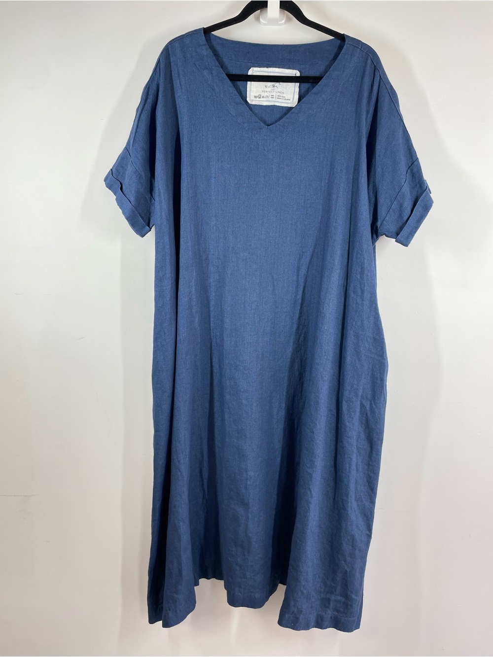 Not Perfect Linen Belted Blue 100% Linen Midi Dress One Size Lagenlook Minimal
